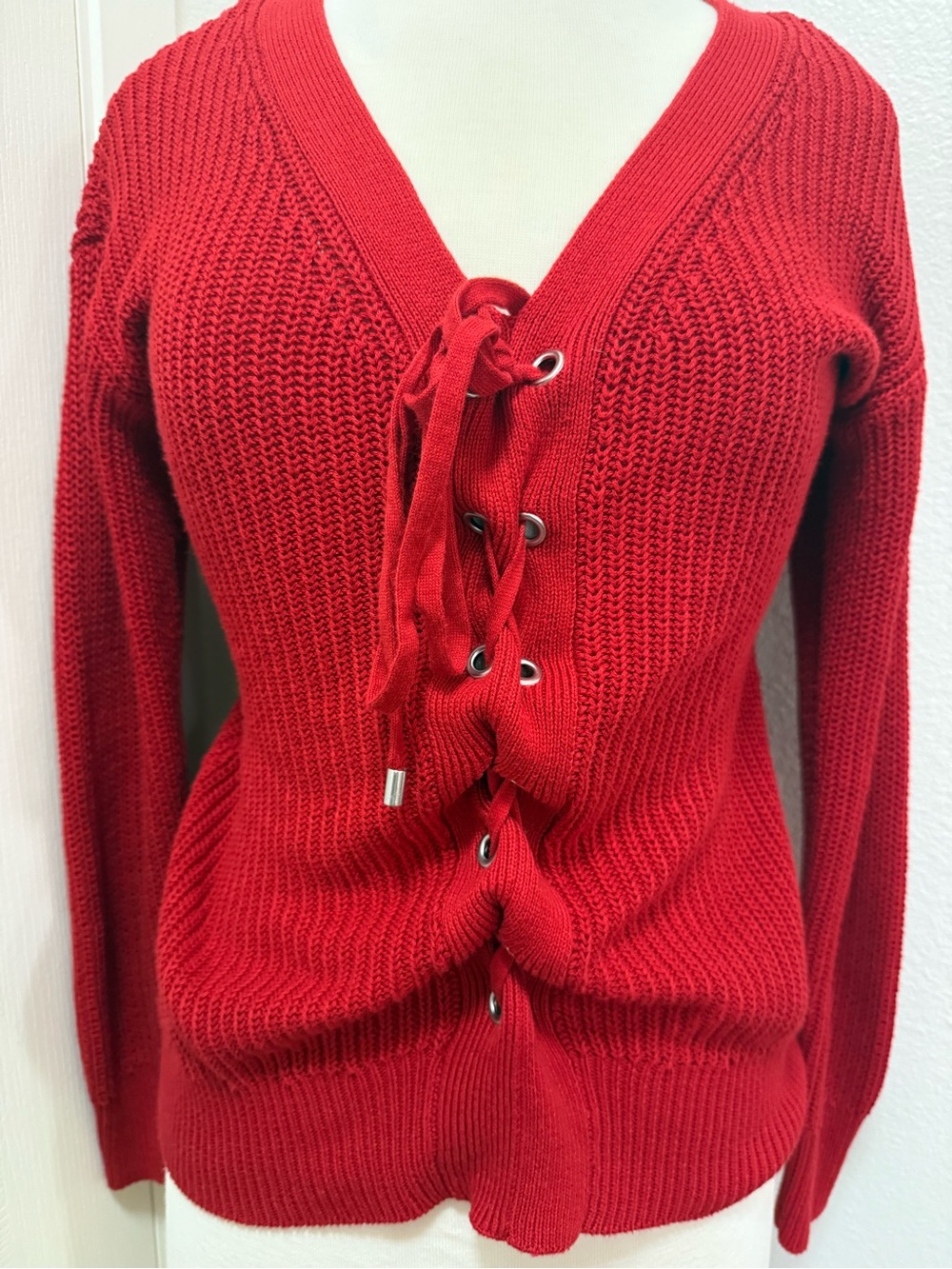 Guess Red Lace-Up V-Neck Pullover Sweater - Picture 2 of 6